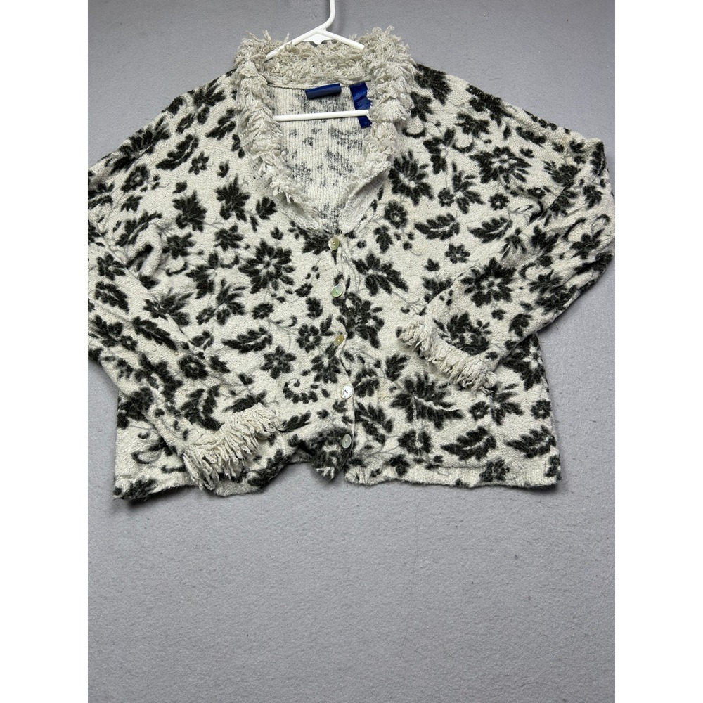 J.H. Collectibles Cardigan Acrylic Nylon Wool Floral Cream Black XL Womens